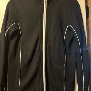 Women’s OSLO Black Sweater with White Accents zip front. Size small